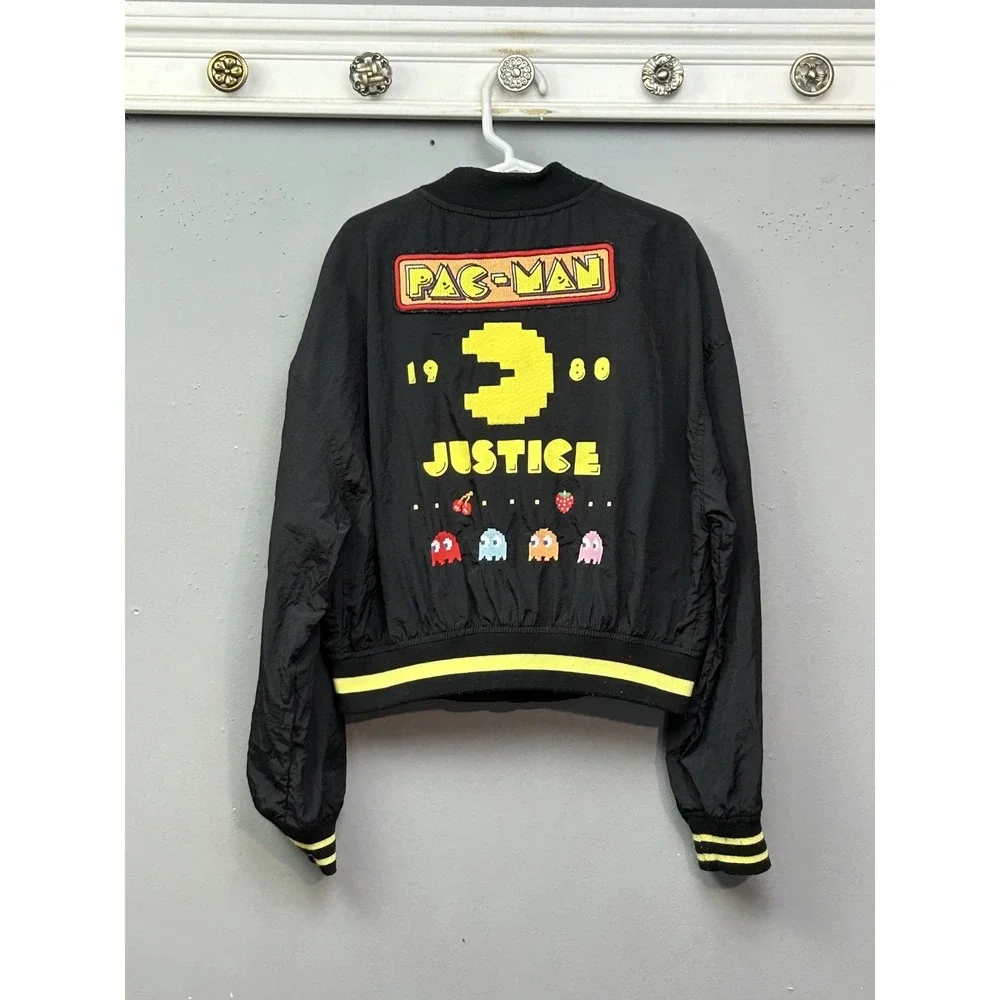 Justice Pac-Man Bomber‎ Jacket Girls Small 7/8 Black Full Zip Retro Game Arcade